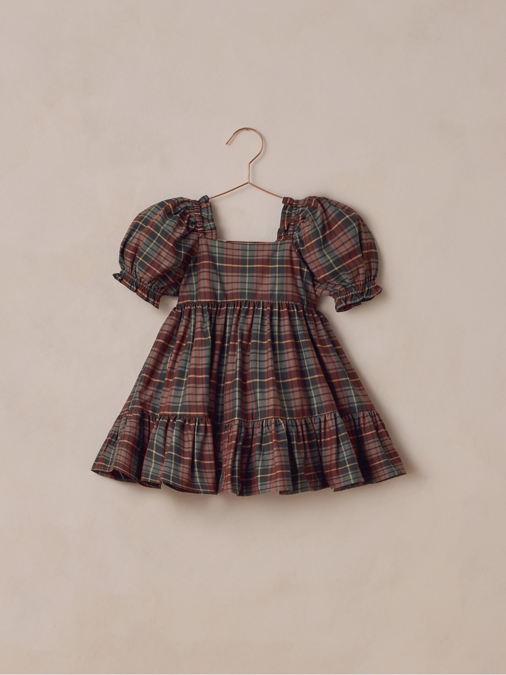 Plaid Puff-Sleeve Casual Dress for Kids in Green & Brown